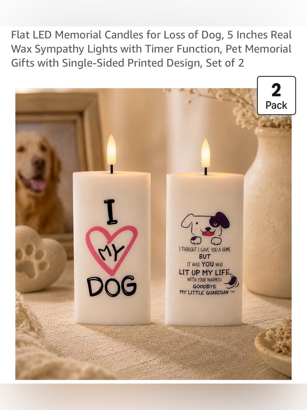 6/$20 Pet Memorial LED Candle Set for Dogs - White with Pink & Black Accents NWT